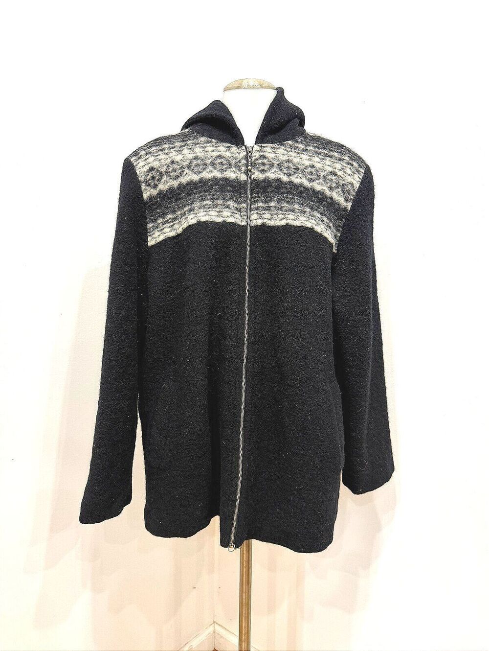 Kristen Blake Apres L Black hooded zip front sweater jacket with Fair Isle yoke